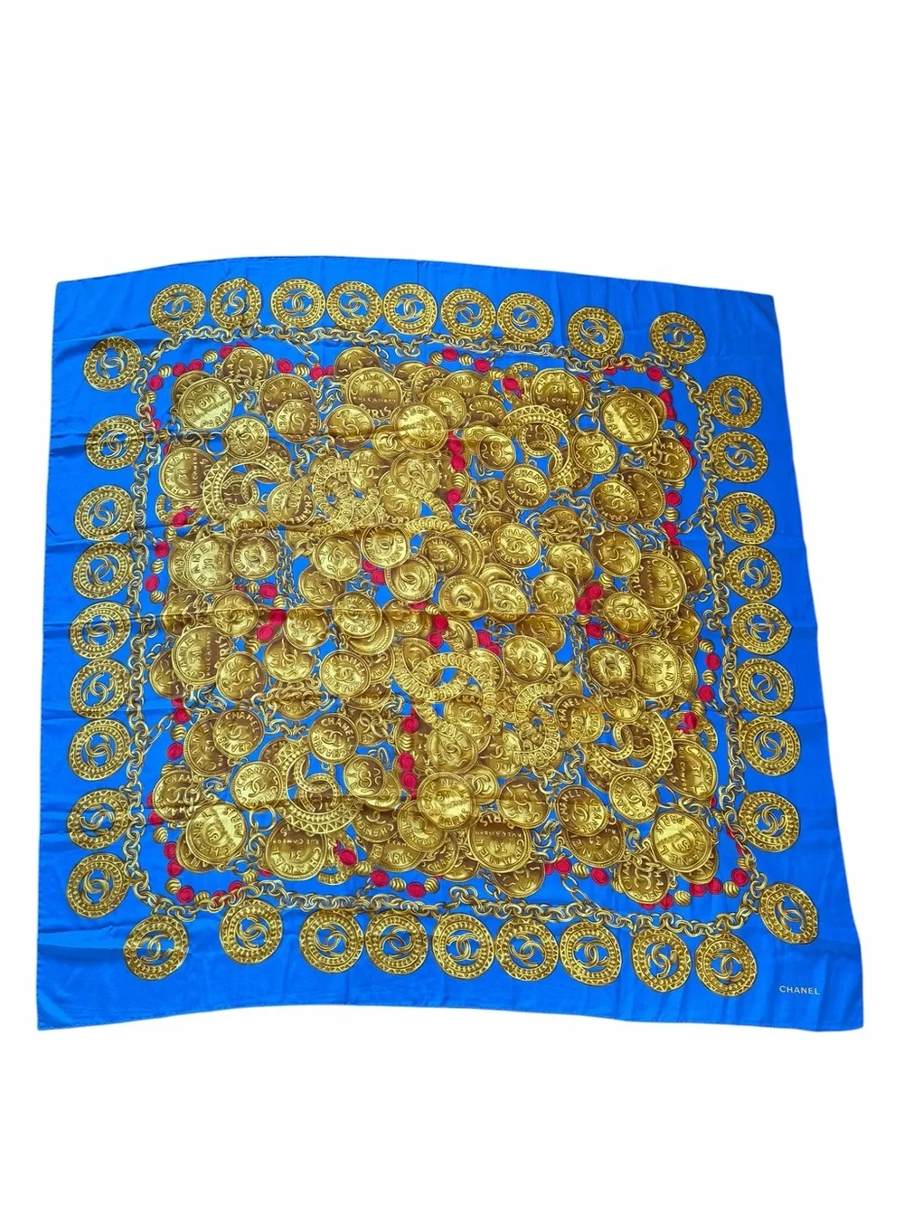 CHANEL Large Blue and Gold Coin Motif Silk Scarf